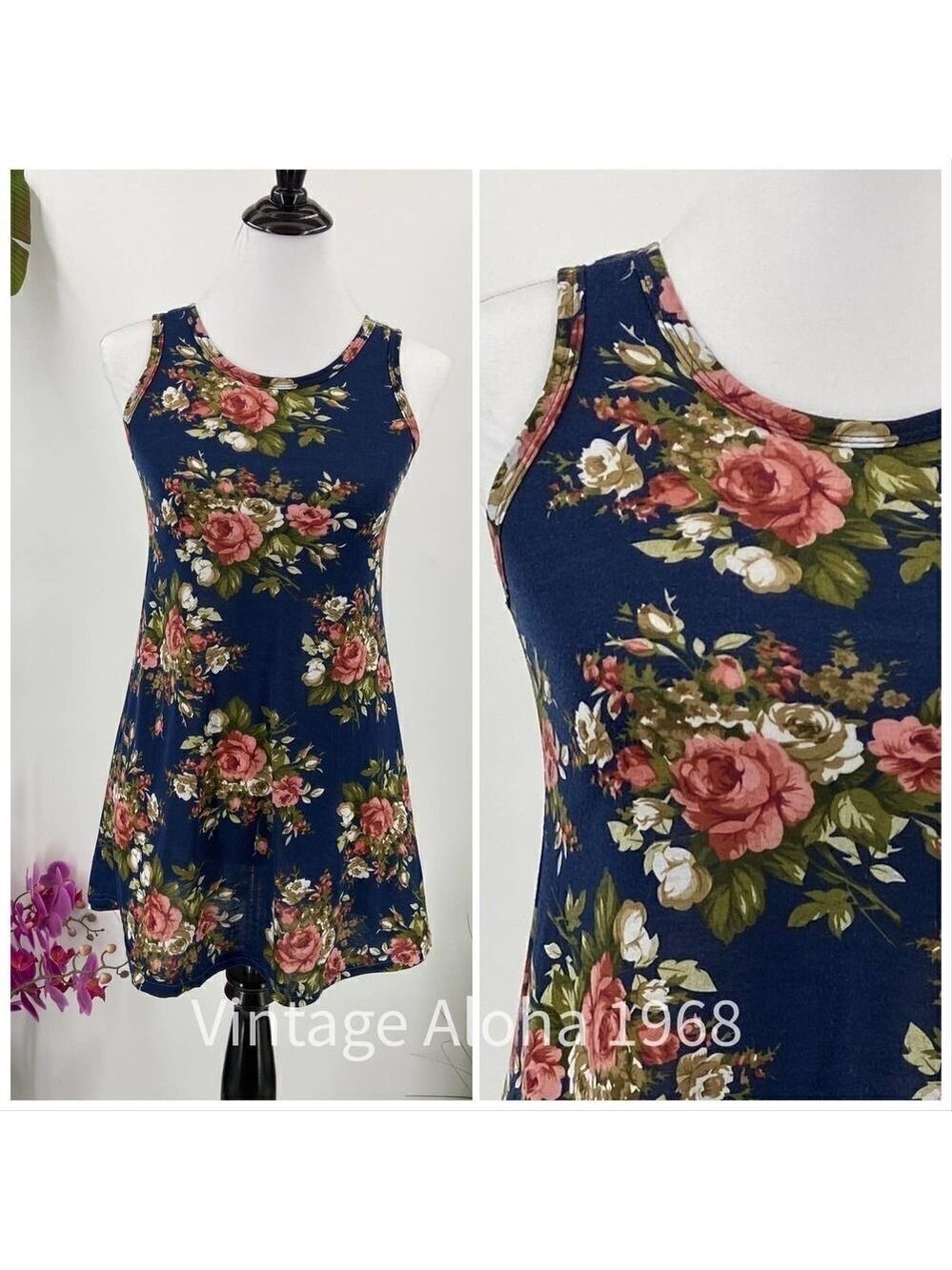 Tank Top Dress Floral Scoop Neck Mini Dress SMALL Blue/Pink